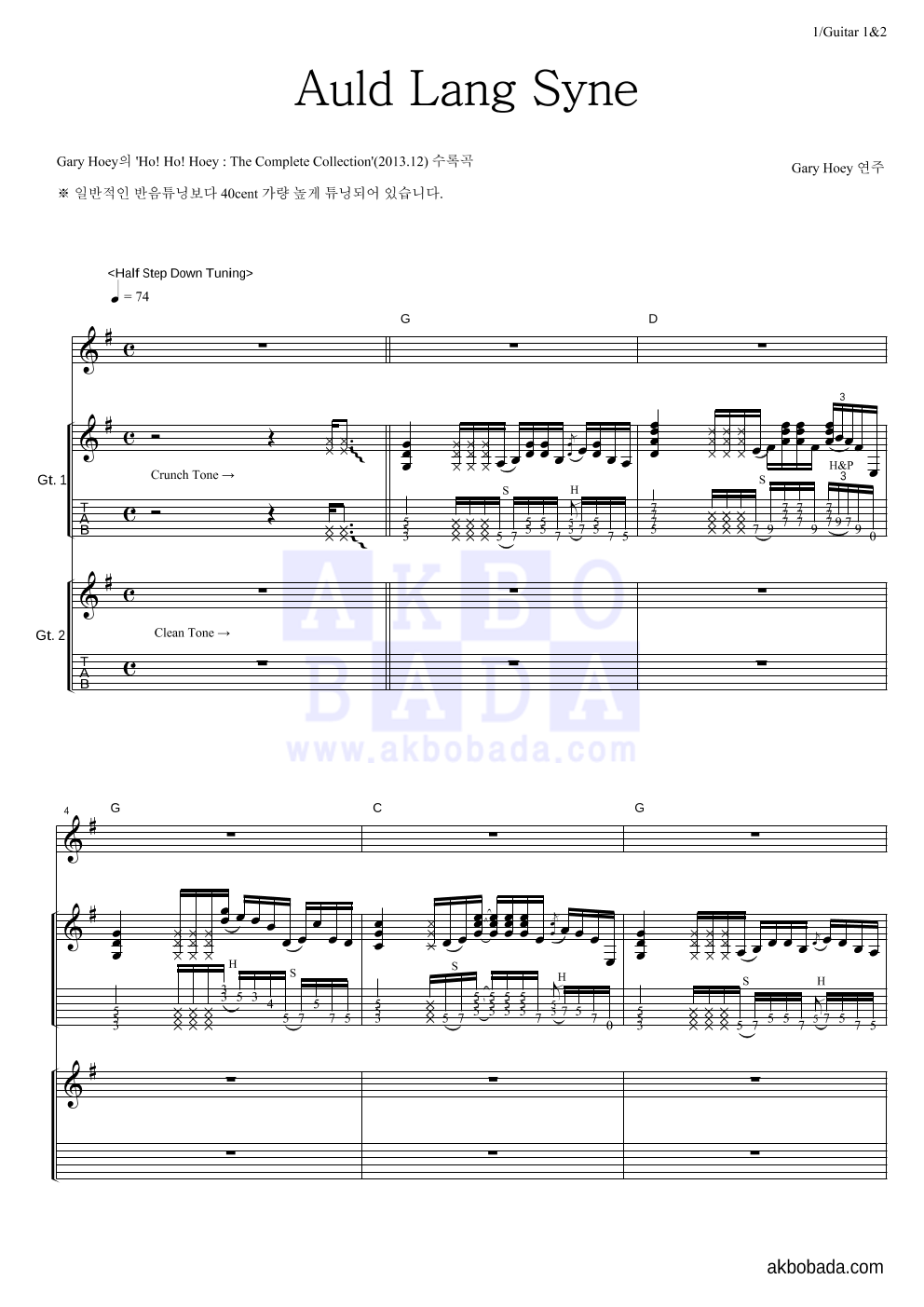 Gary Hoey - Auld Lang Syne 기타1,2 악보 