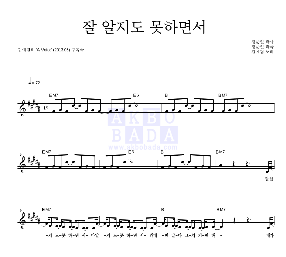 김예림 - 잘 알지도 못하면서 멜로디 악보 