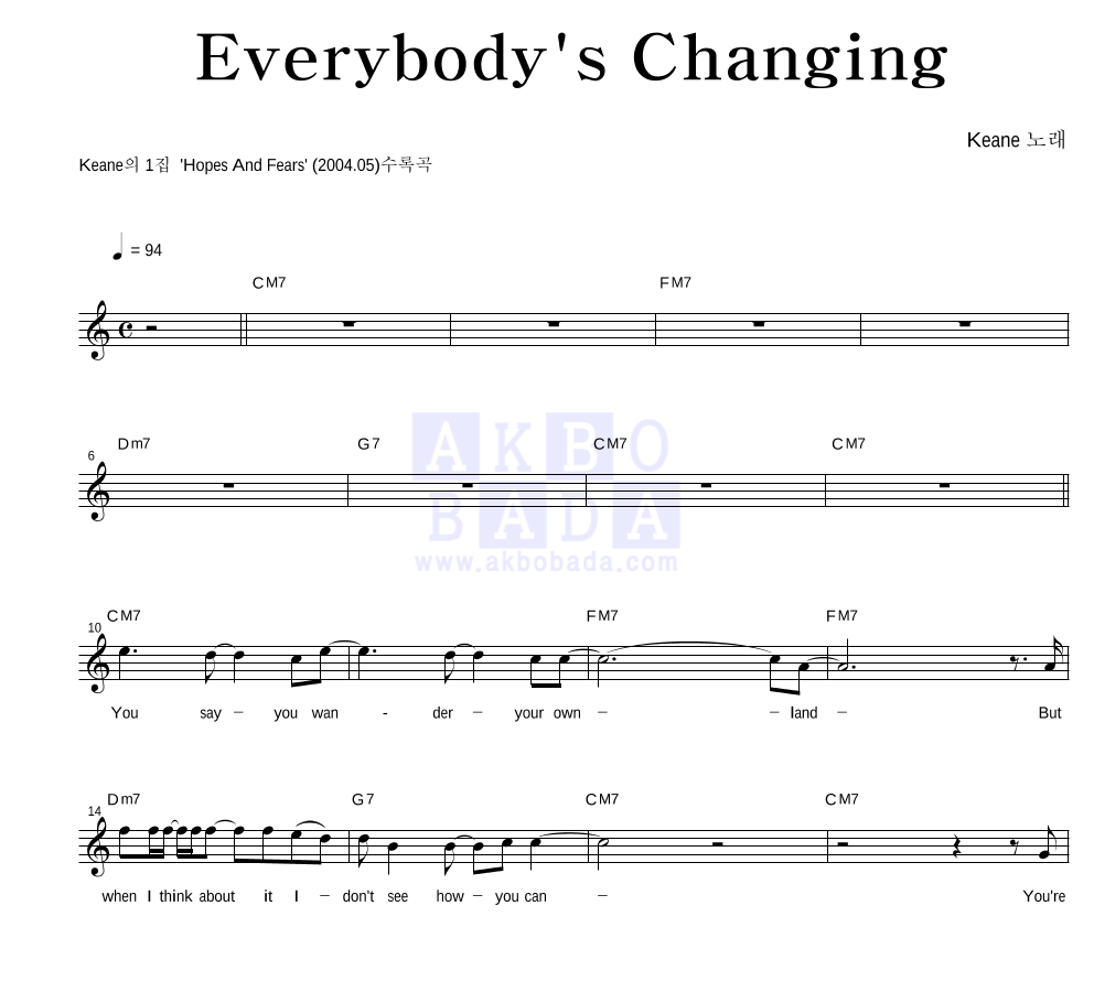 Keane(킨) - Everybody's Changing 멜로디 악보 