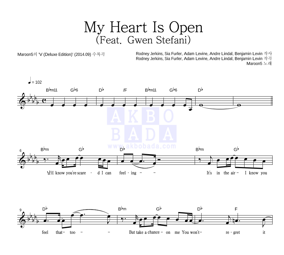 Maroon5 - My Heart Is Open (Feat. Gwen Stefani)  멜로디 악보 