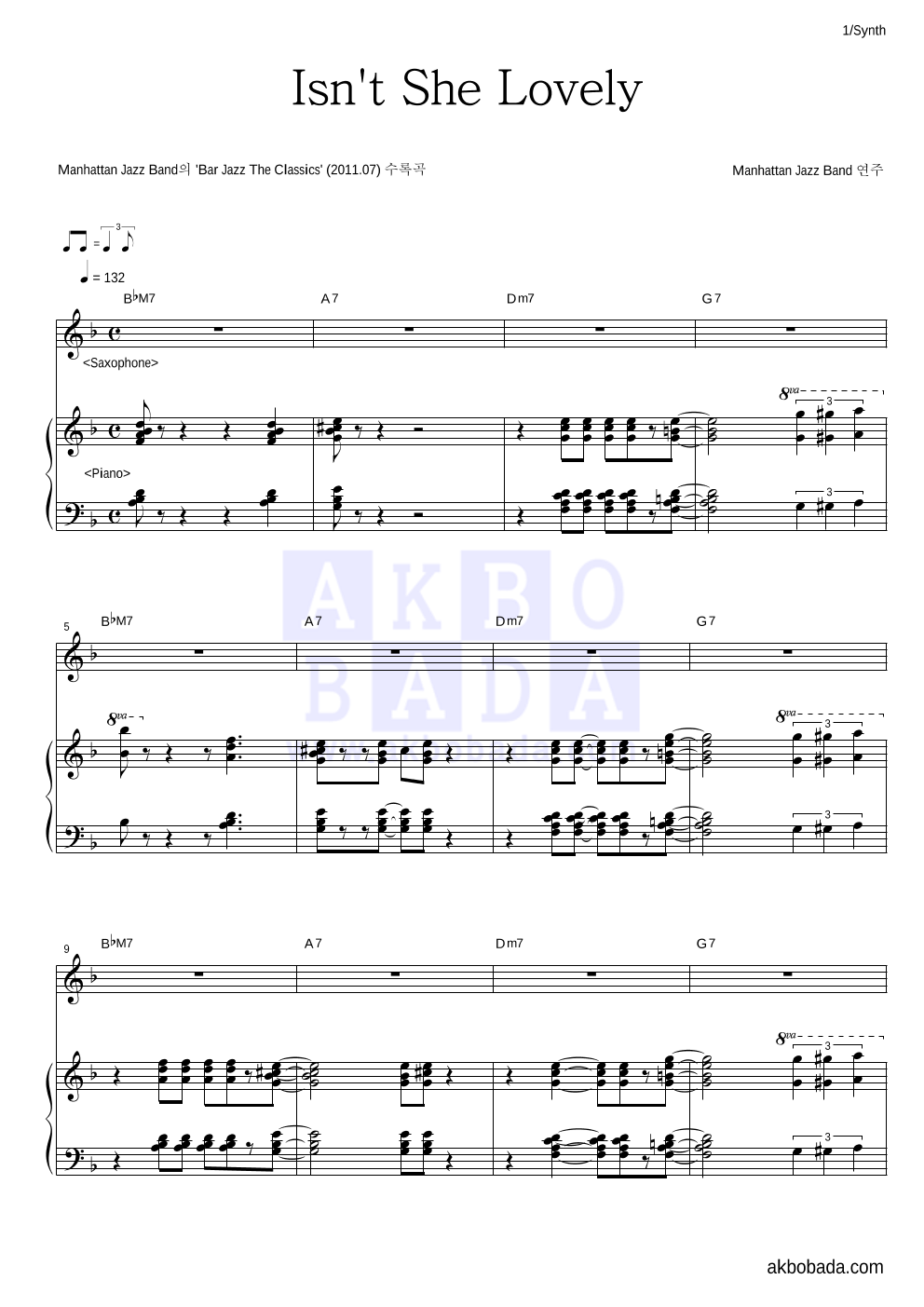 Manhattan Jazz Band - Isn't She Lovely 건반 악보 