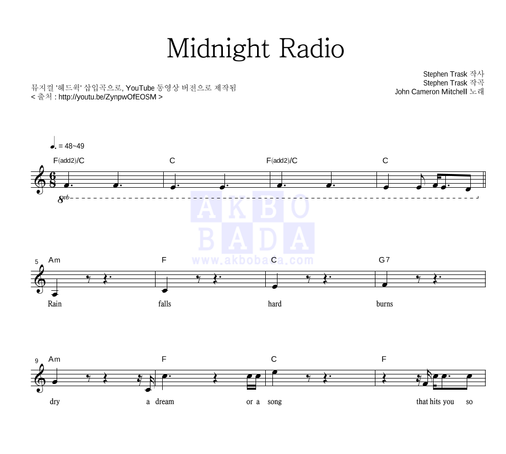 John Cameron Mitchell - Midnight Radio 멜로디 악보 