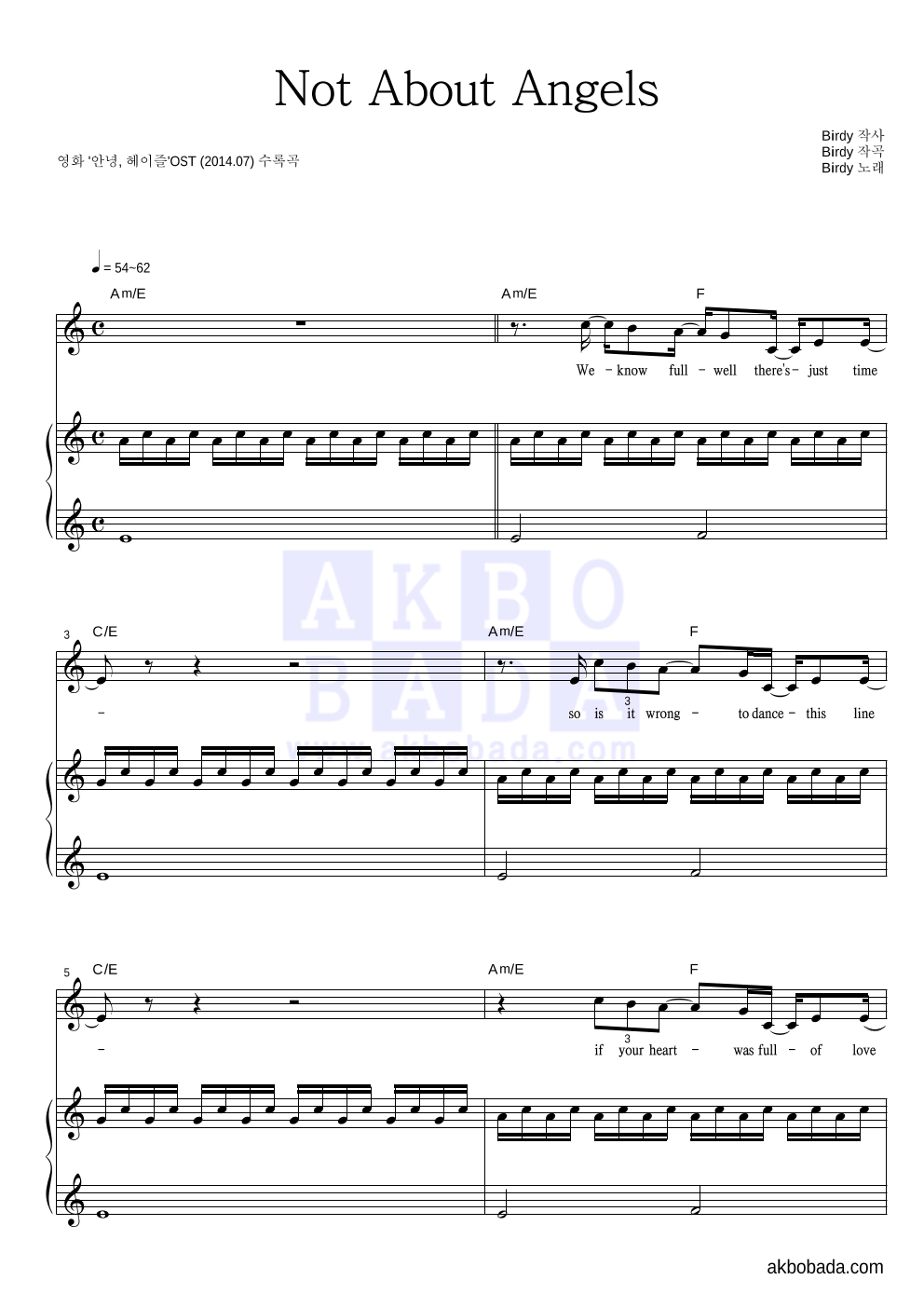 Birdy - Not About Angels 피아노 3단 악보 