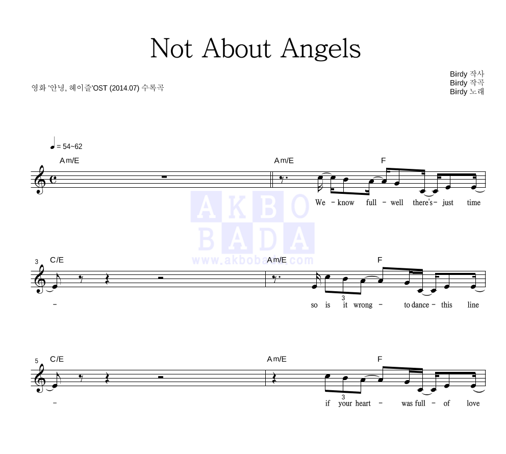 Birdy - Not About Angels 멜로디 악보 