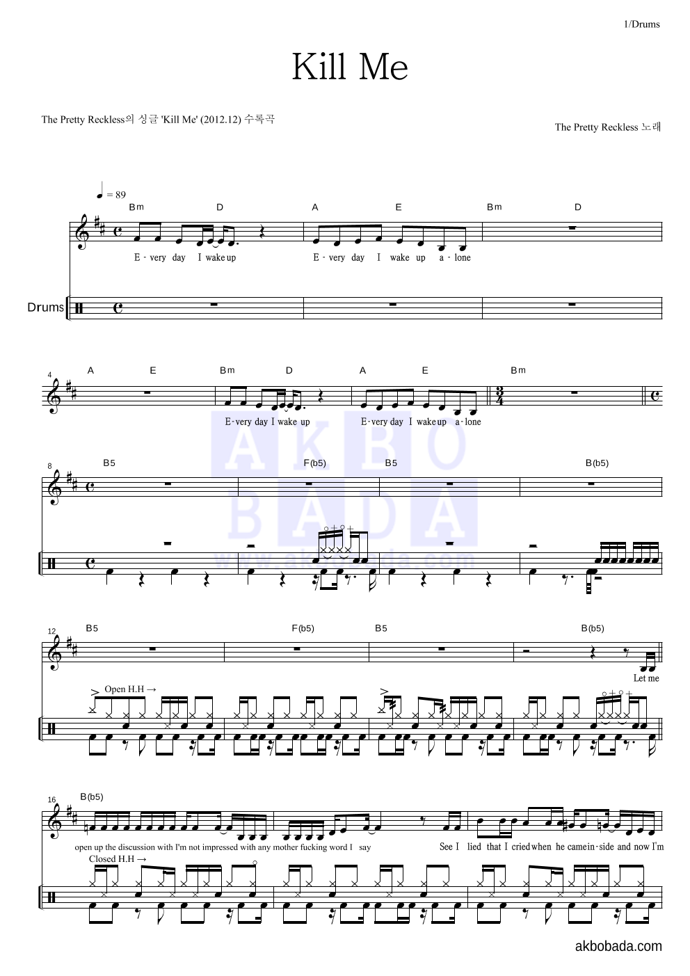 The Pretty Reckless - Kill Me 드럼 악보 