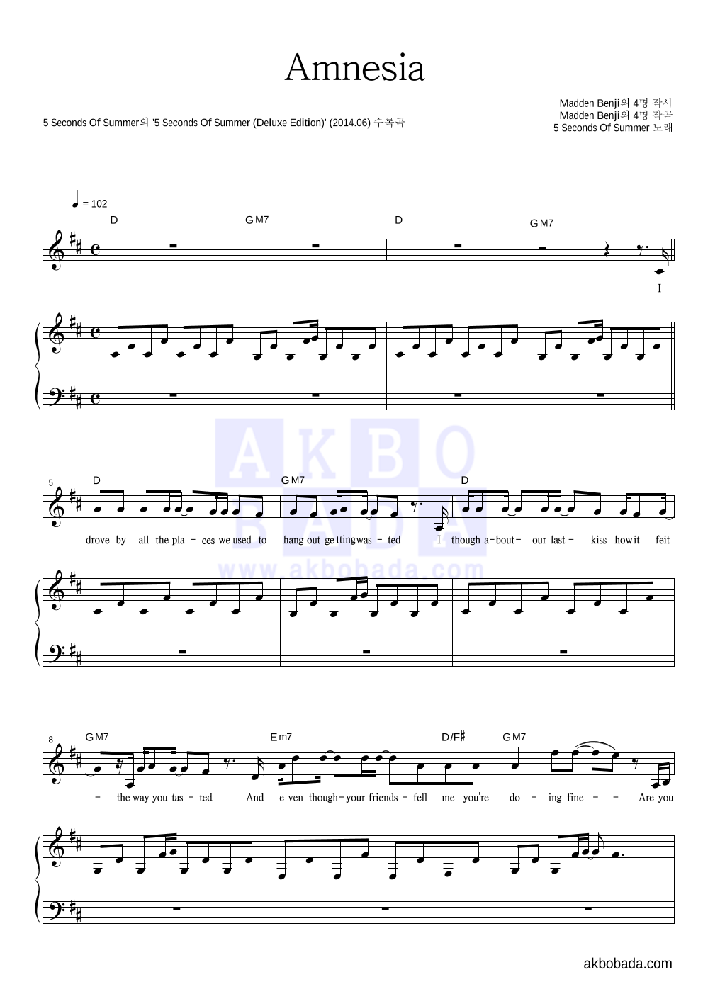5 Seconds Of Summer - Amnesia 피아노 3단 악보 