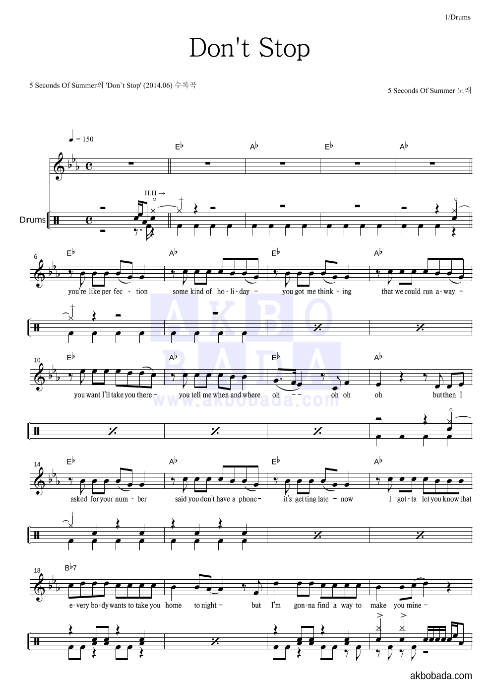 5 Seconds Of Summer - Don't Stop 드럼 악보 