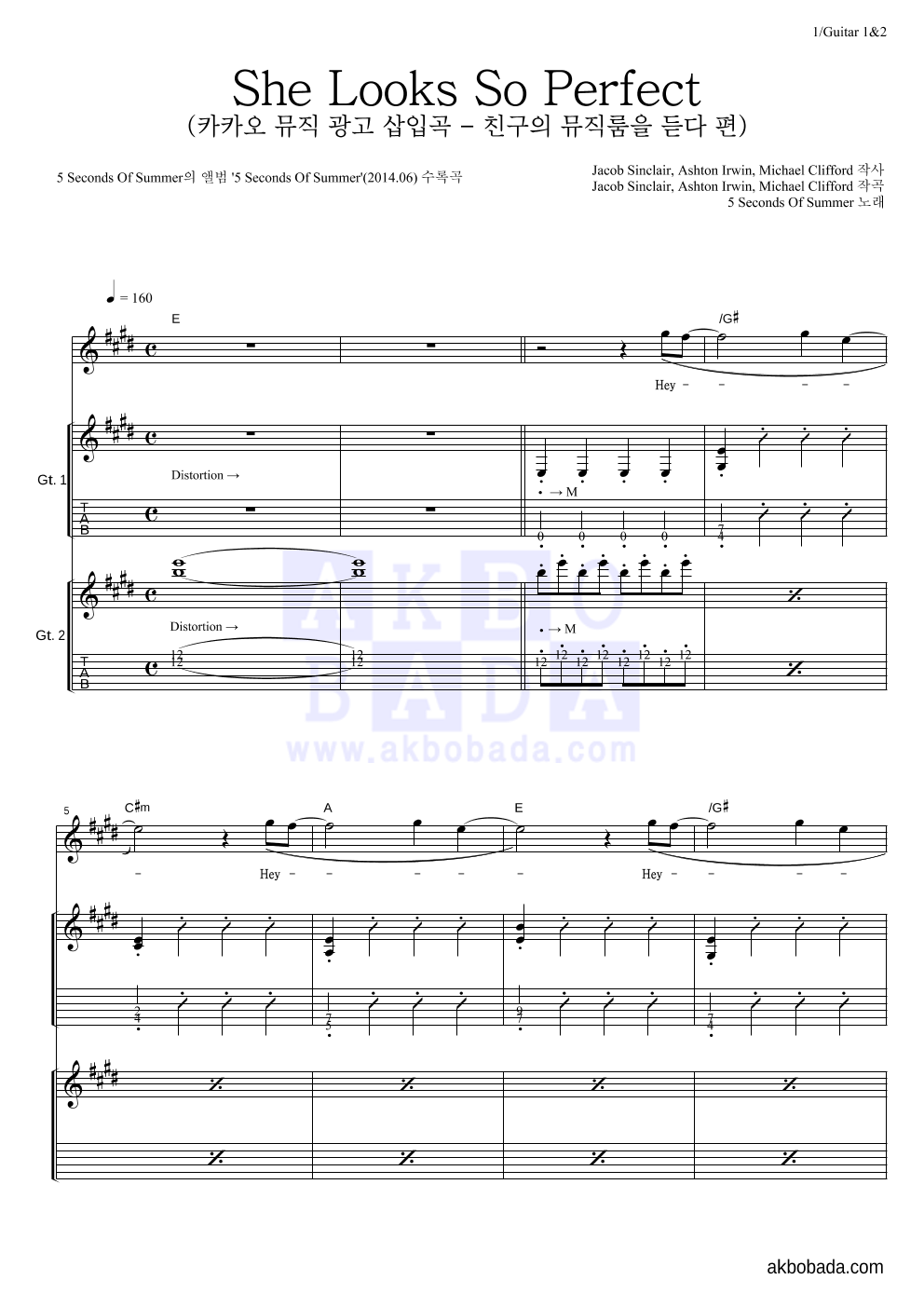 5 Seconds Of Summer - She Looks So Perfect 기타1,2 악보 