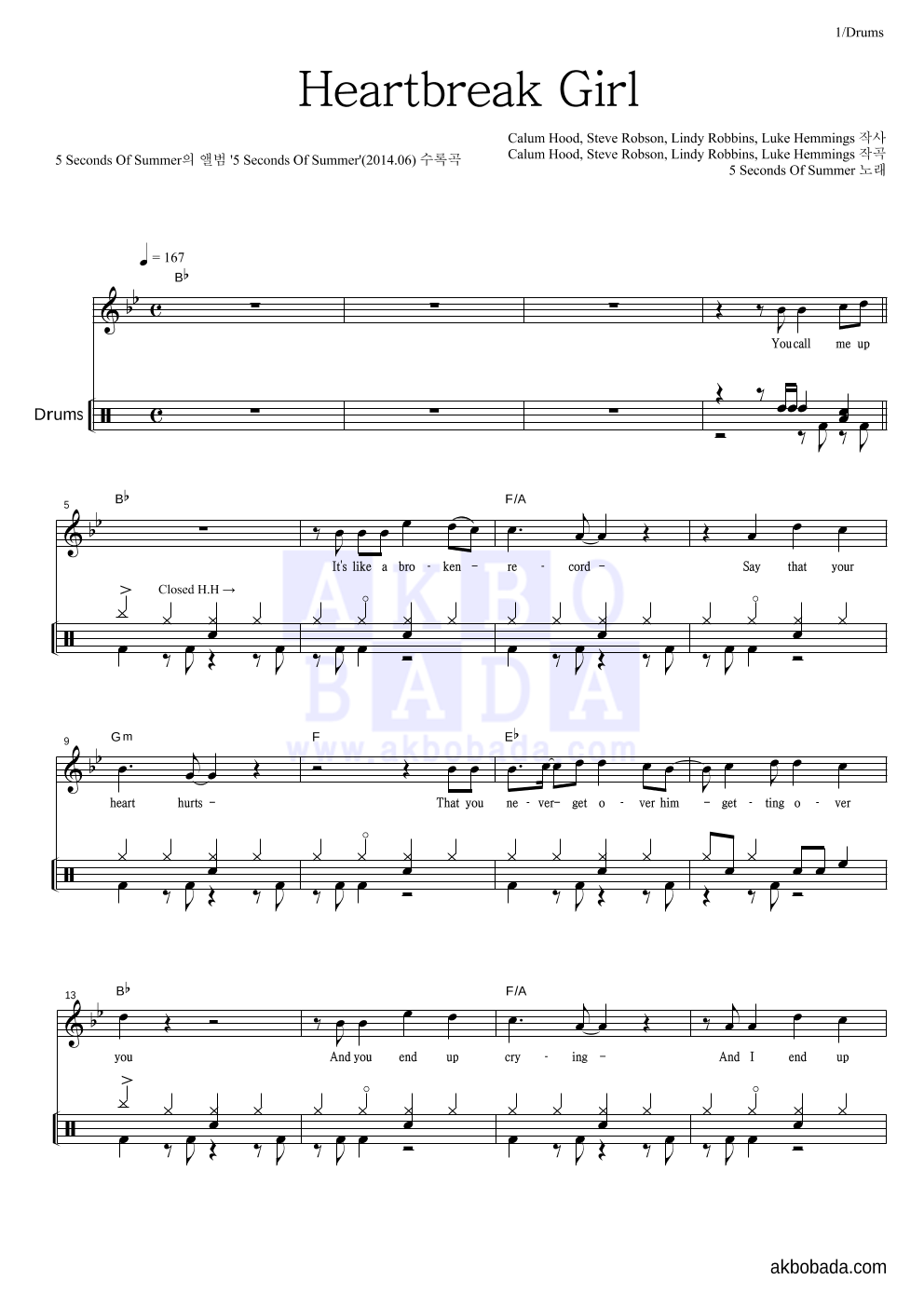 5 Seconds Of Summer - Heartbreak Girl 드럼 악보 