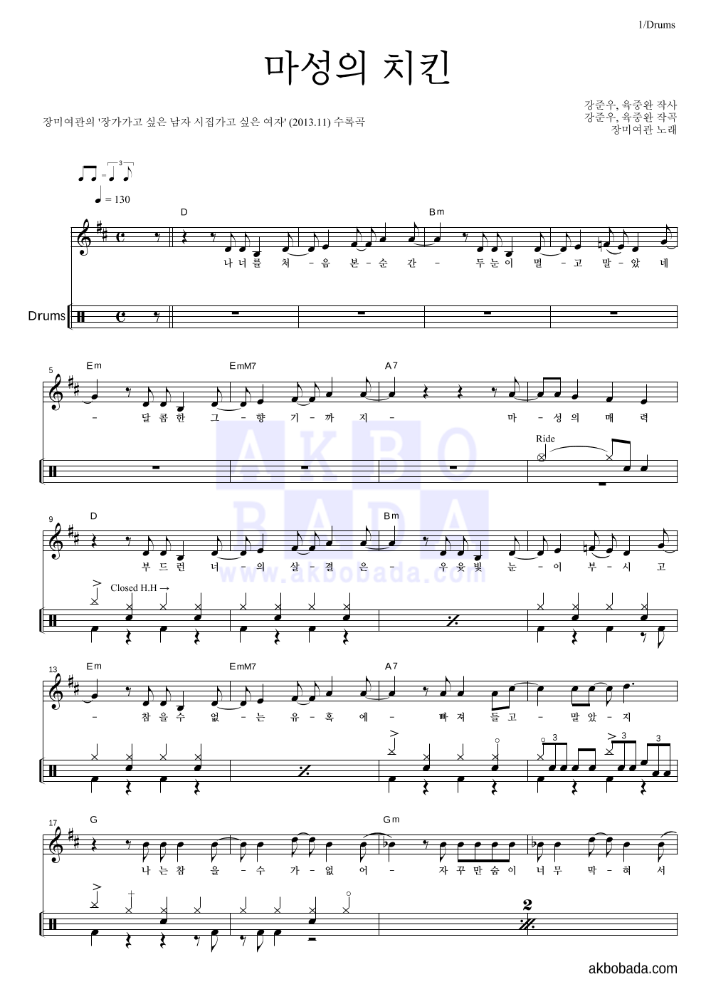 장미여관 - 마성의 치킨 드럼 악보 