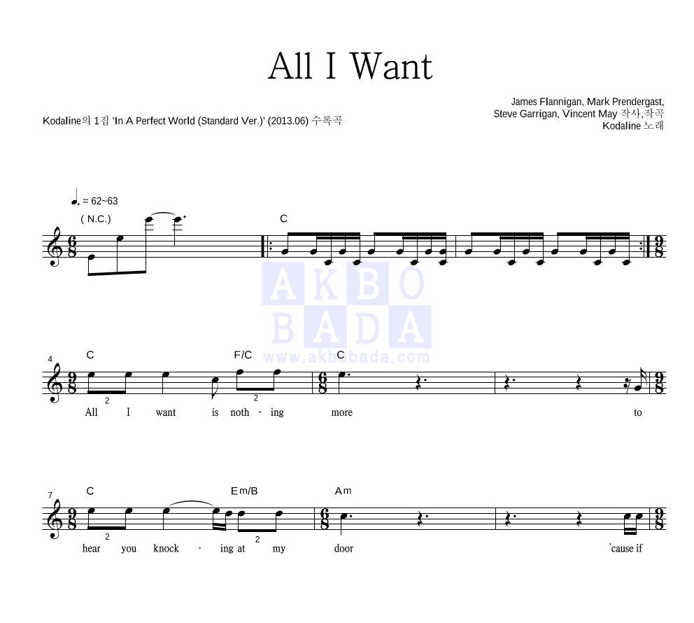 Kodaline - All I Want 멜로디 악보 