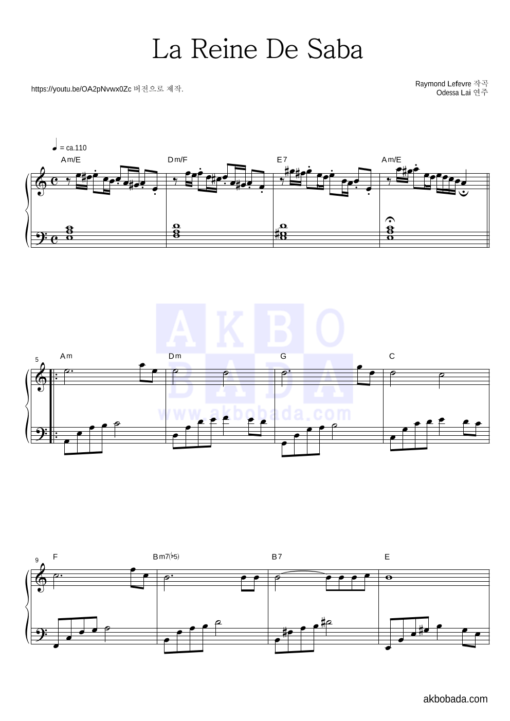 Raymond Lefevre - La Reine De Saba 피아노 2단 악보 