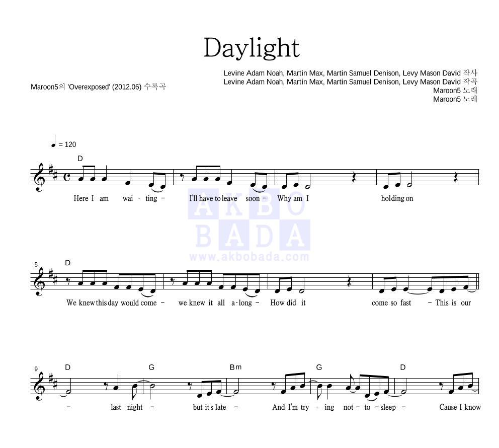 Maroon5 - Daylight 멜로디 악보 