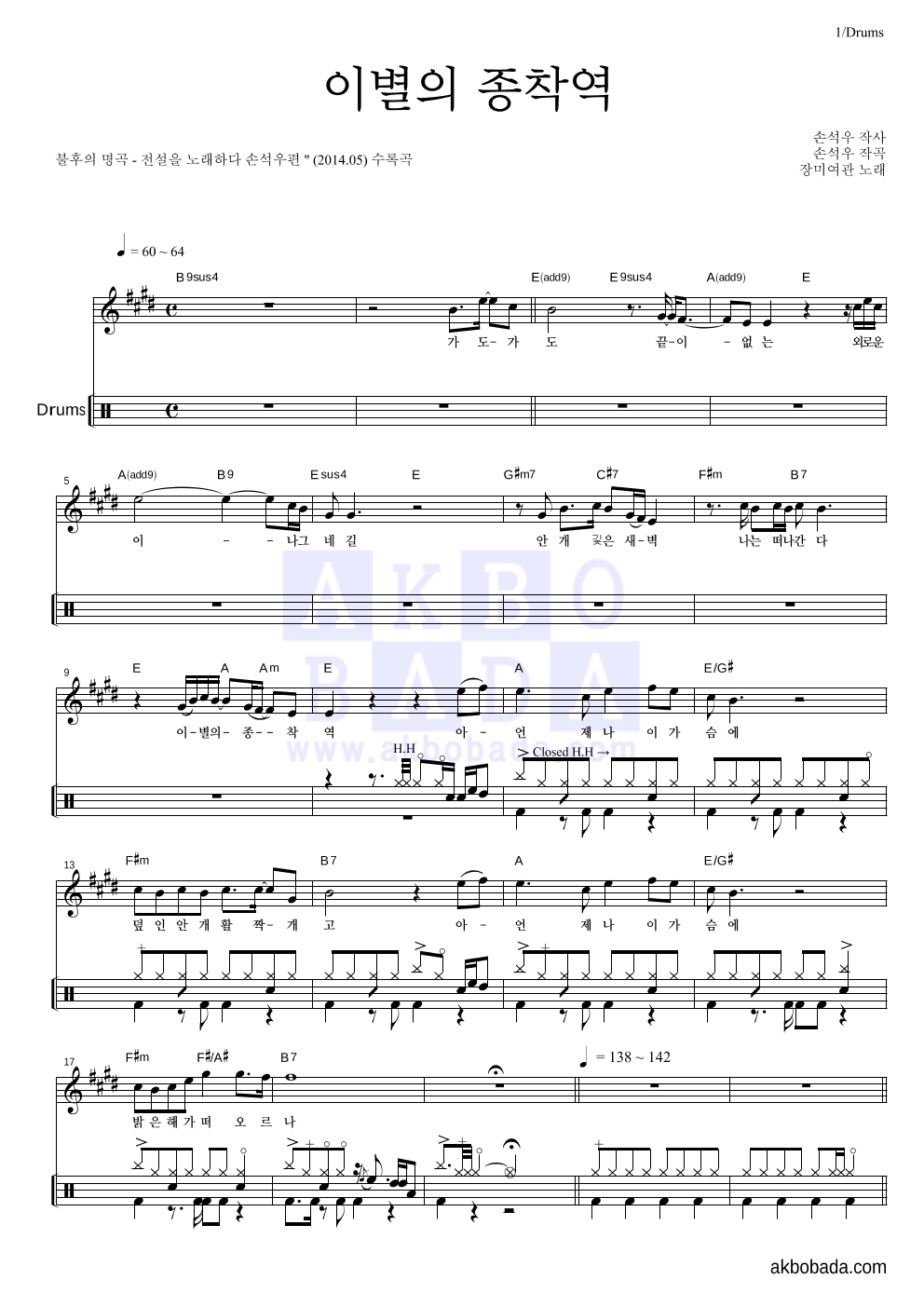 장미여관 - 이별의 종착역 드럼 악보 