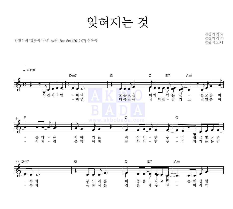 김광석 - 잊혀지는 것 멜로디 악보 