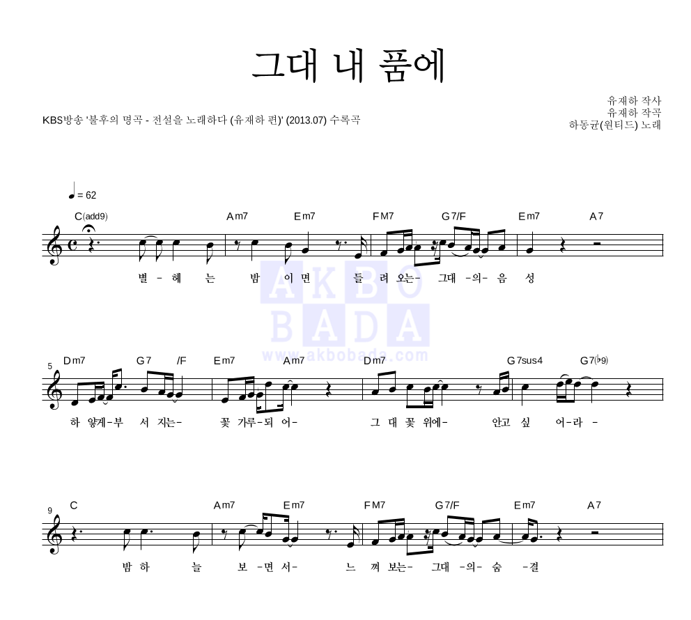 하동균 - 그대 내 품에 멜로디 악보 