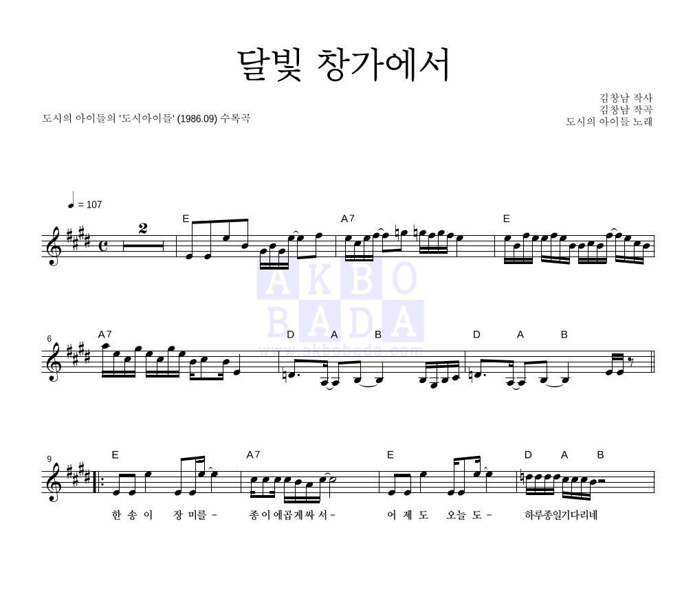 도시아이들 - 달빛 창가에서 멜로디 악보 