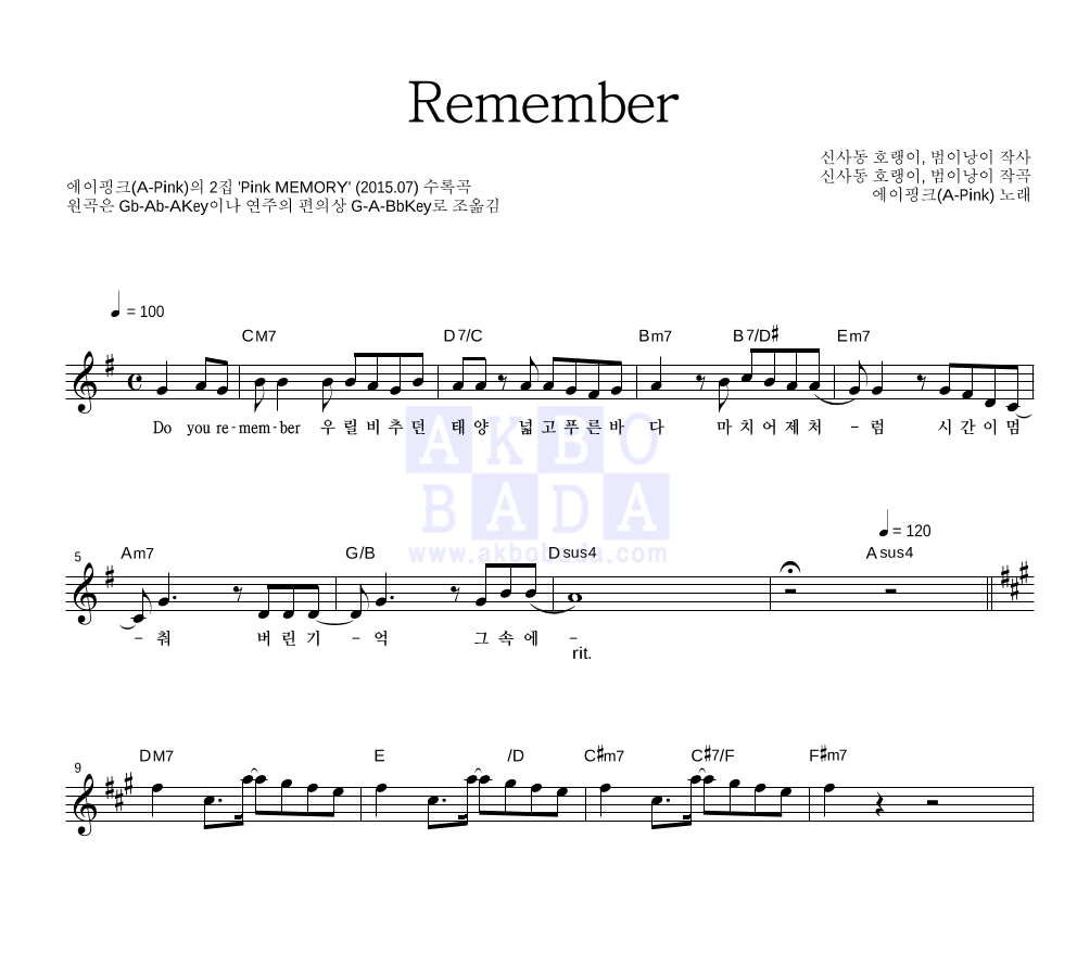 에이핑크 - Remember 멜로디 악보 