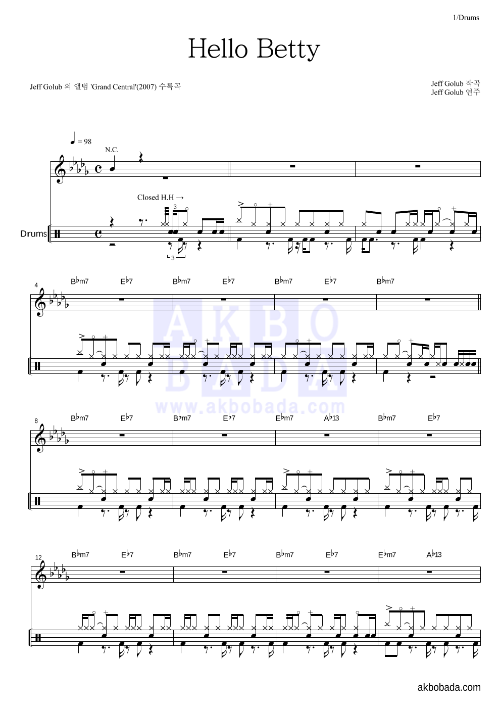 Jeff Golub - Hello Betty 드럼 악보 