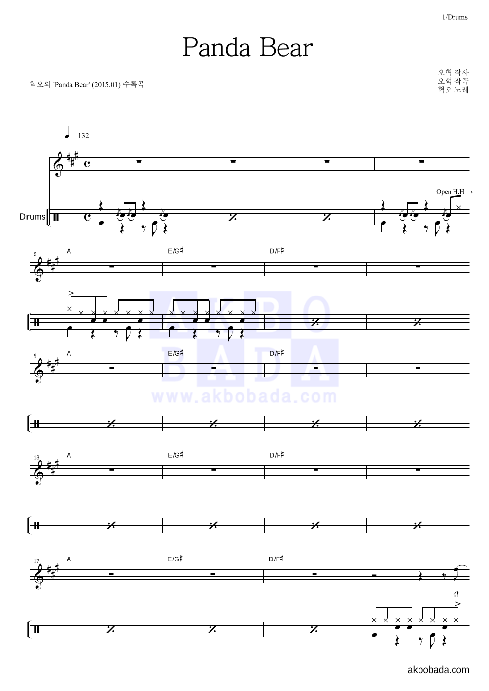 혁오 - Panda Bear 드럼 악보 