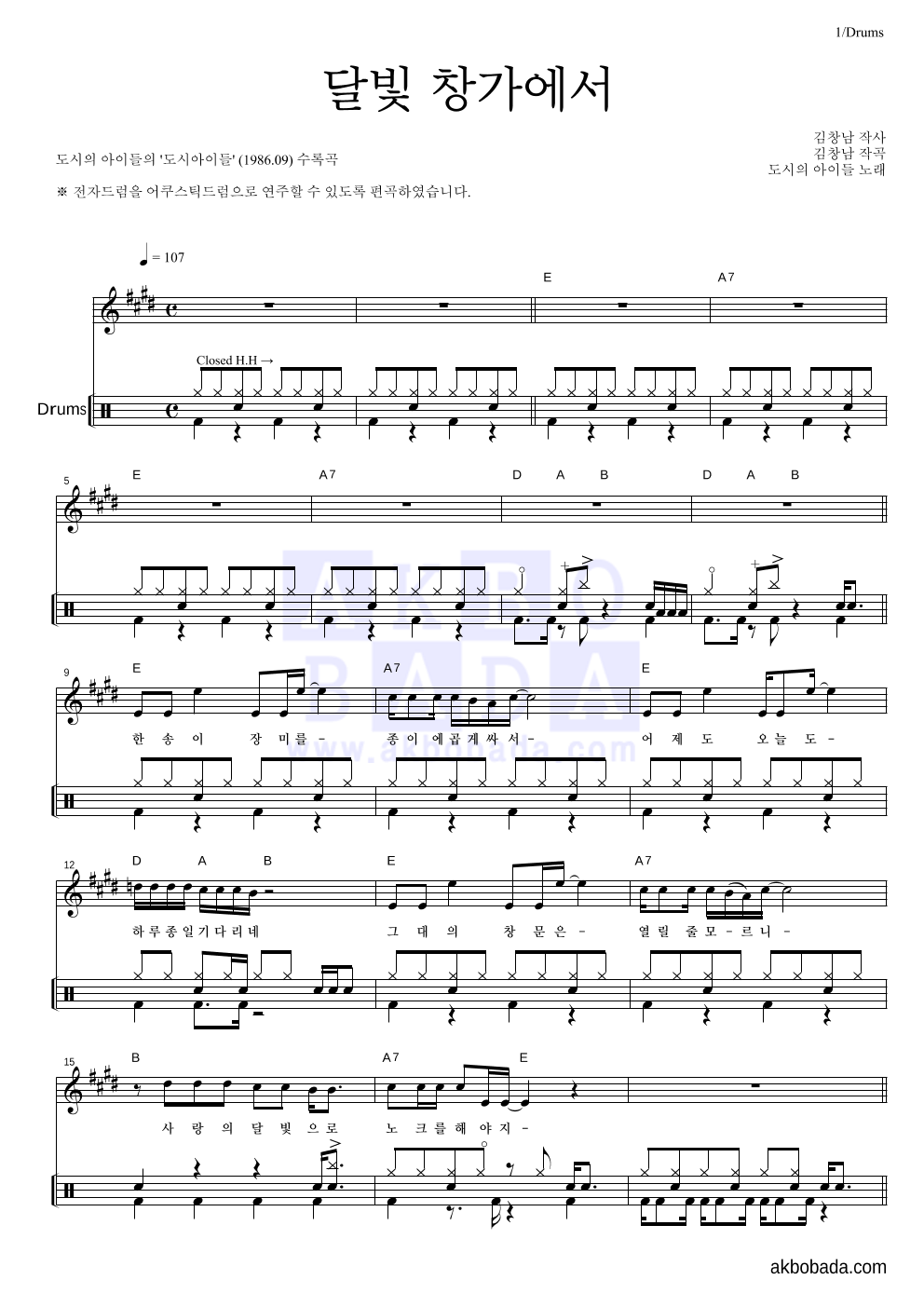 도시아이들 - 달빛 창가에서 드럼 악보 