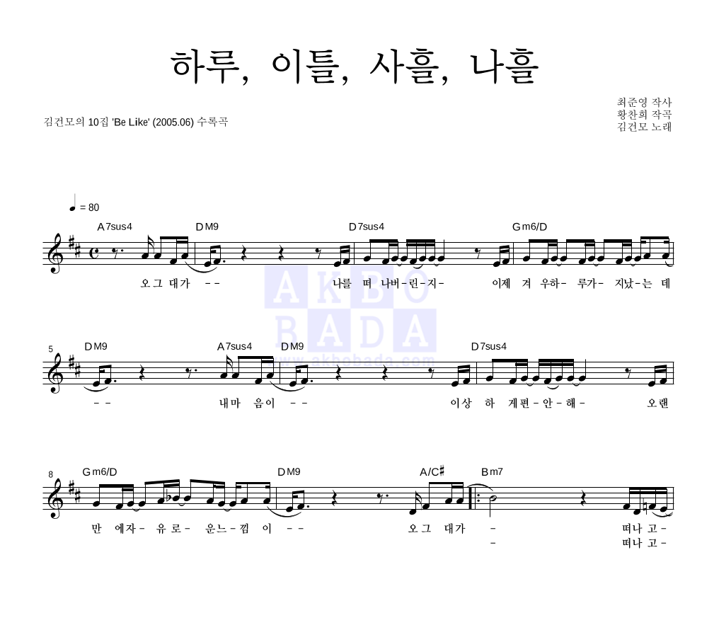 김건모 - 하루, 이틀, 사흘, 나흘 멜로디 악보 