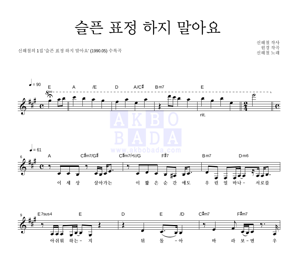 신해철 - 슬픈 표정 하지 말아요 멜로디 악보 