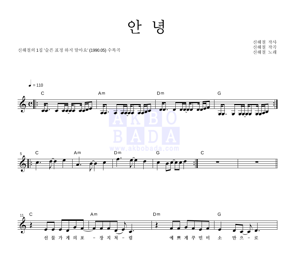 신해철 - 안녕 멜로디 악보 