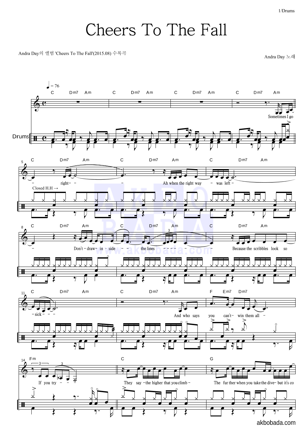 Andra Day - Cheers To The Fall 드럼 악보 