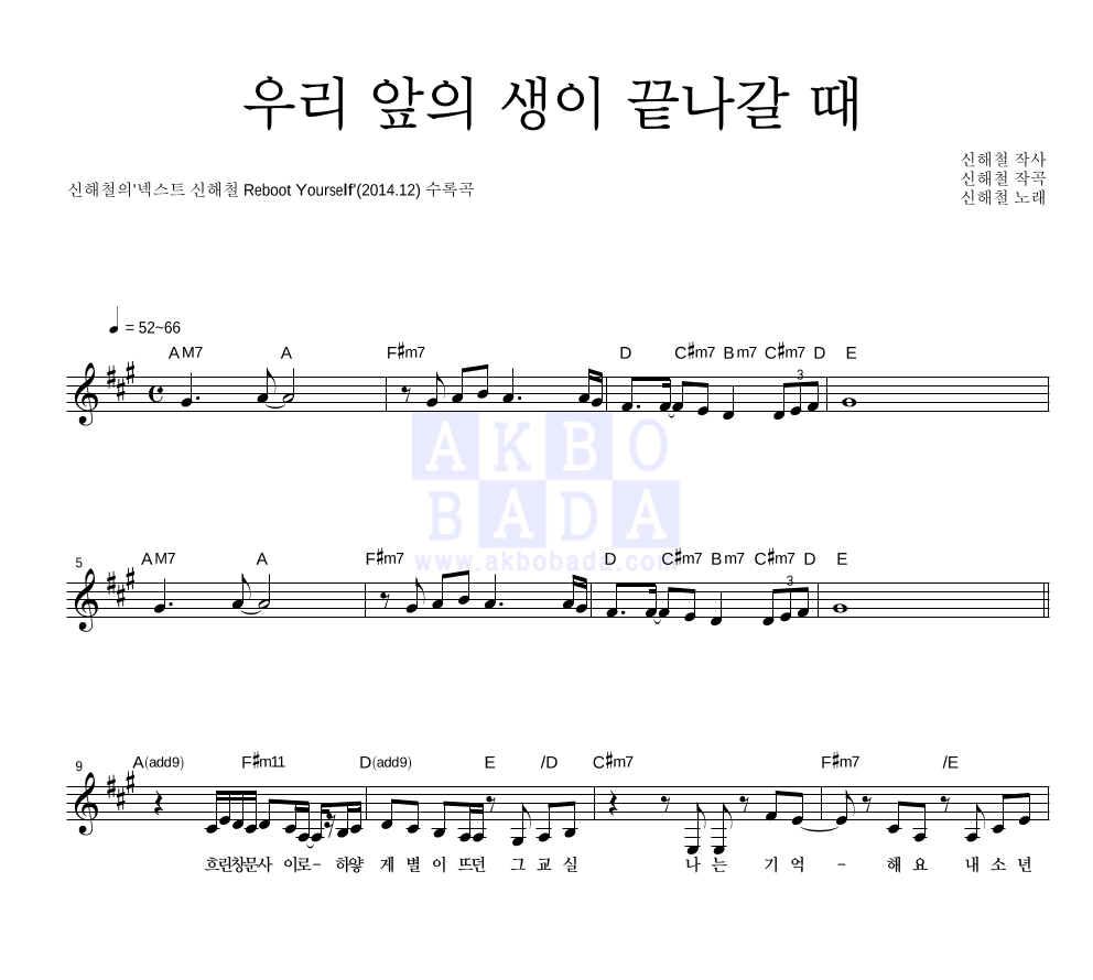 신해철 - 우리 앞의 생이 끝나갈 때 멜로디 악보 