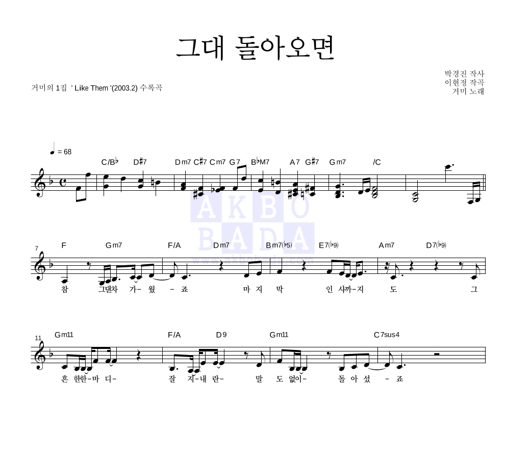 거미 - 그대 돌아오면 멜로디 악보 