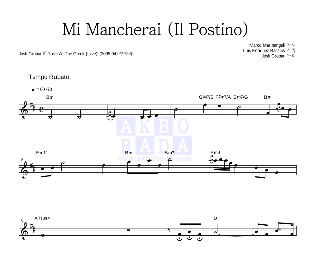 Josh Groban - Mi Mancherai (Il Postino) 멜로디 악보 