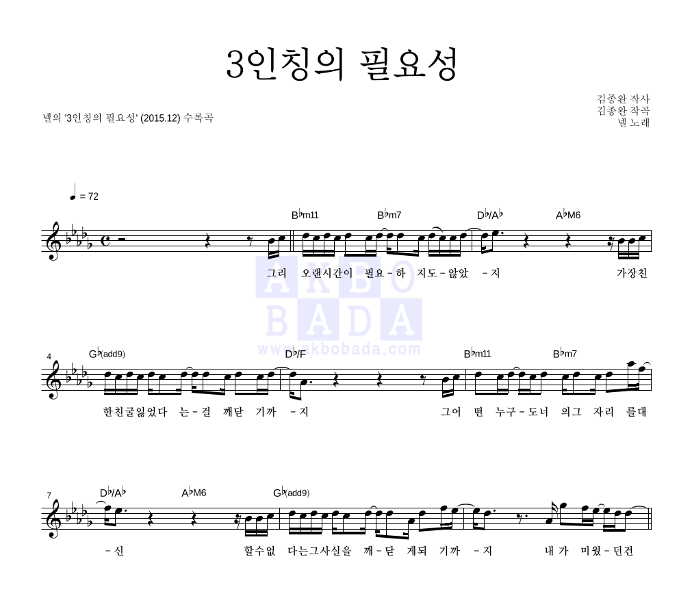 넬(Nell) - 3인칭의 필요성 멜로디 악보 