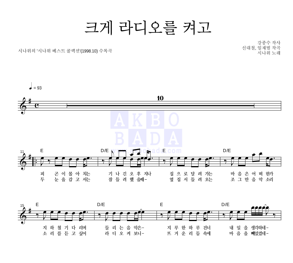 시나위 - 크게 라디오를 켜고 (베스트 앨범 Ver.) 멜로디 악보 