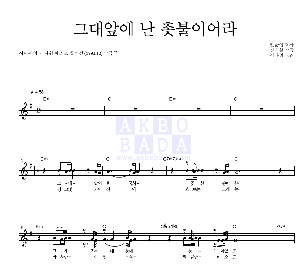 시나위 - 그대앞에 난 촛불이어라 멜로디 악보 