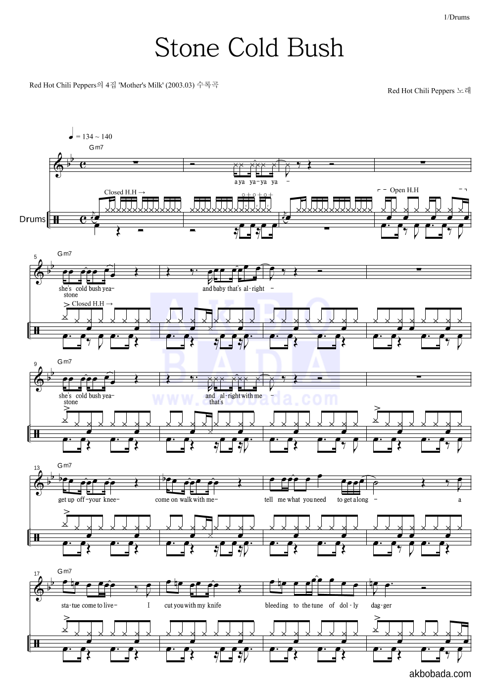 Red Hot Chili Peppers - Stone Cold Bush 드럼 악보 