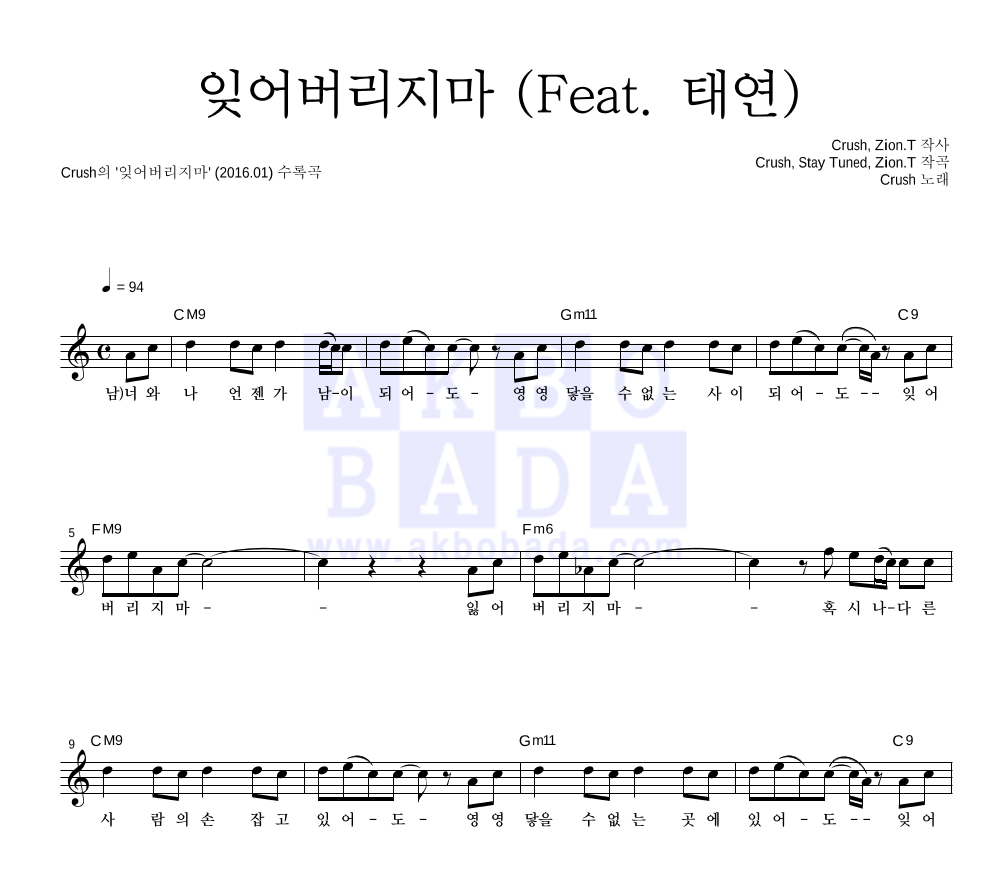 크러쉬 - 잊어버리지마 (Feat. 태연) 멜로디 악보 