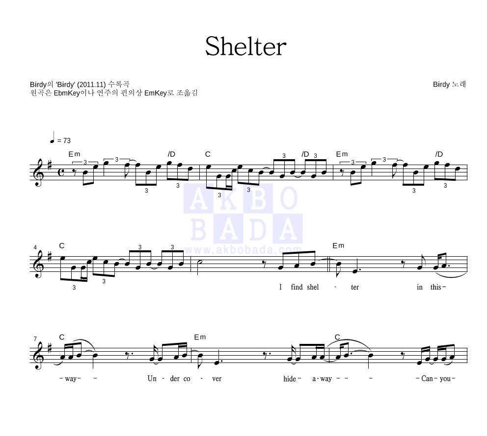Birdy - Shelter 멜로디 악보 