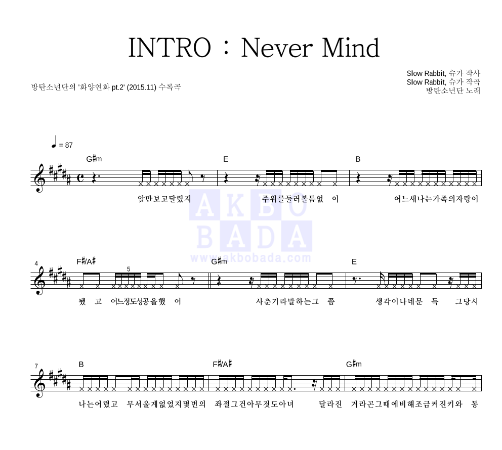 방탄소년단 - INTRO : Never Mind 멜로디 악보 