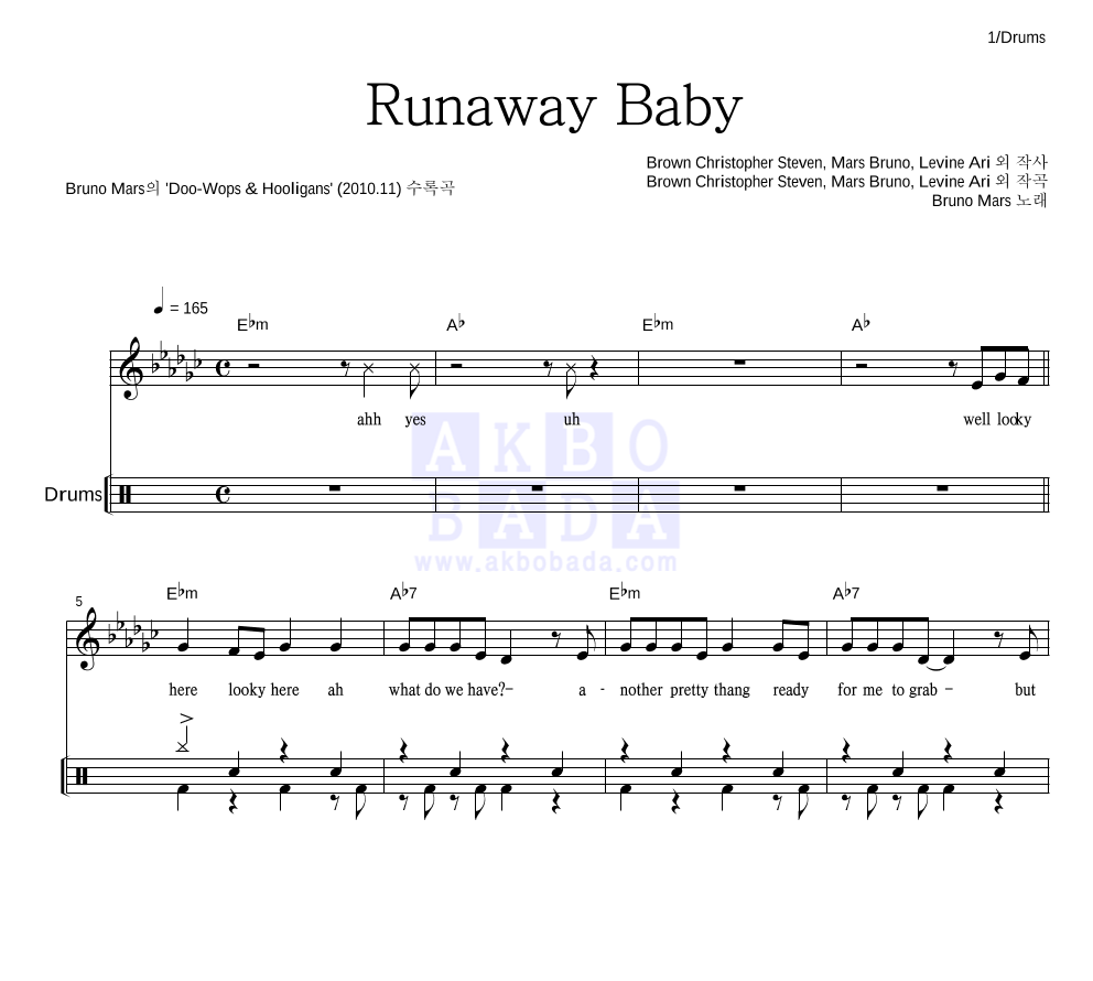 Bruno Mars - Runaway Baby 드럼 악보 