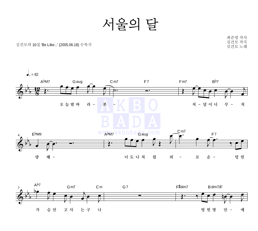 김건모 - 서울의 달 멜로디 악보 