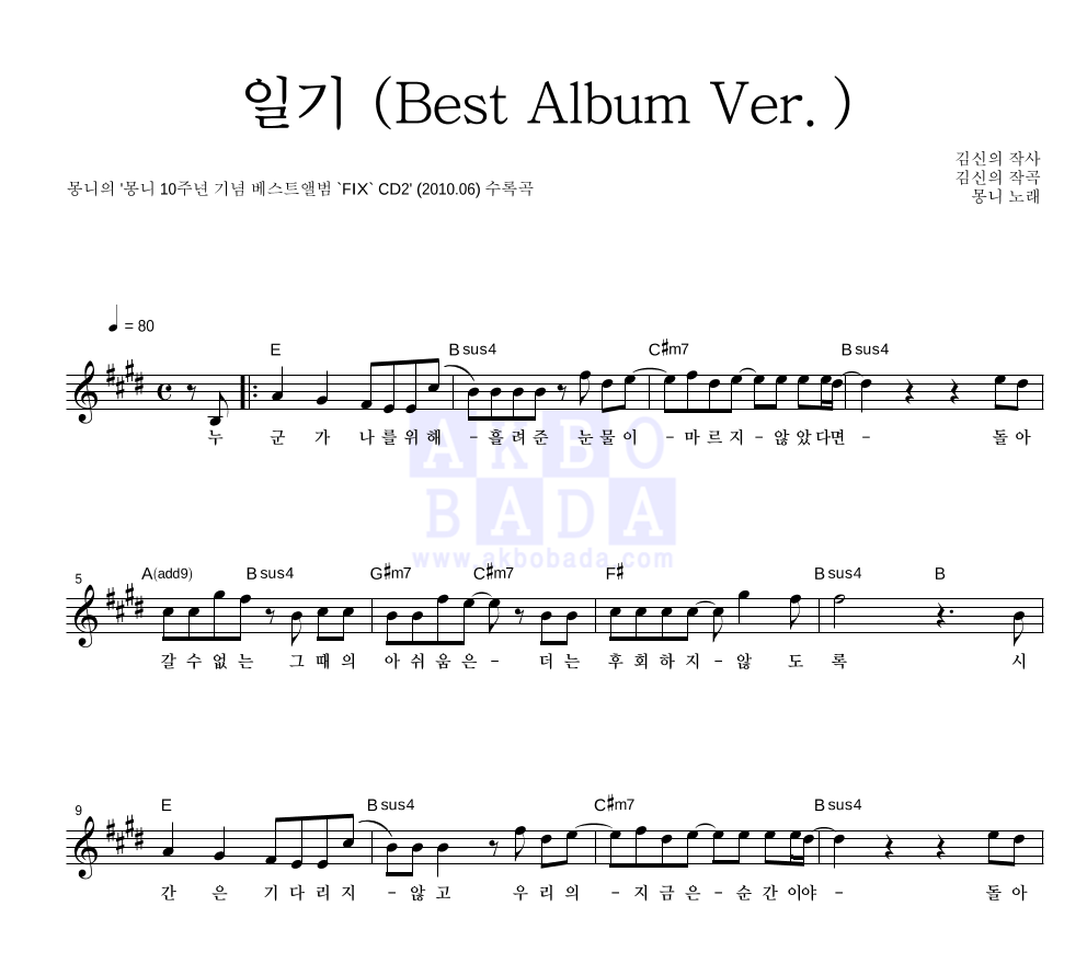 몽니 - 일기 (Best Album Ver.) 멜로디 악보 