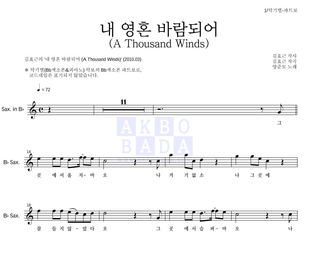 김효근,양준모 - 내 영혼 바람되어 (A Thousand Winds) Bb색소폰 파트보 악보 