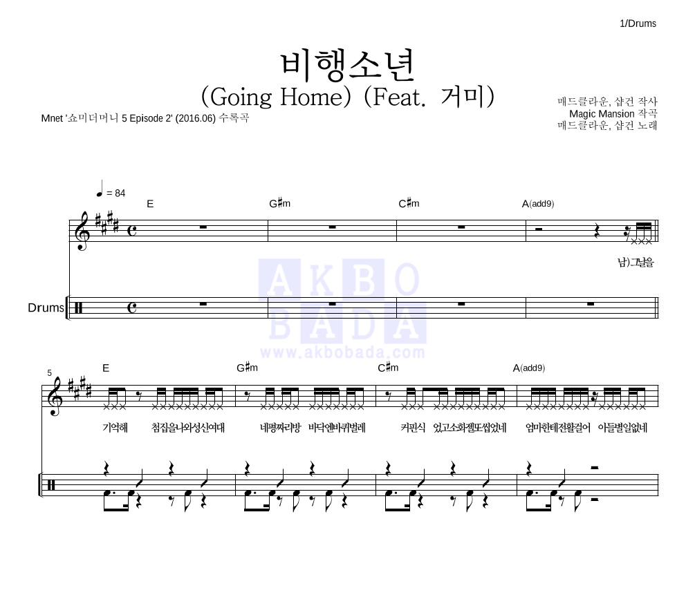 매드클라운,샵건 - 비행소년 (Going Home) (Feat. 거미) 드럼 악보 