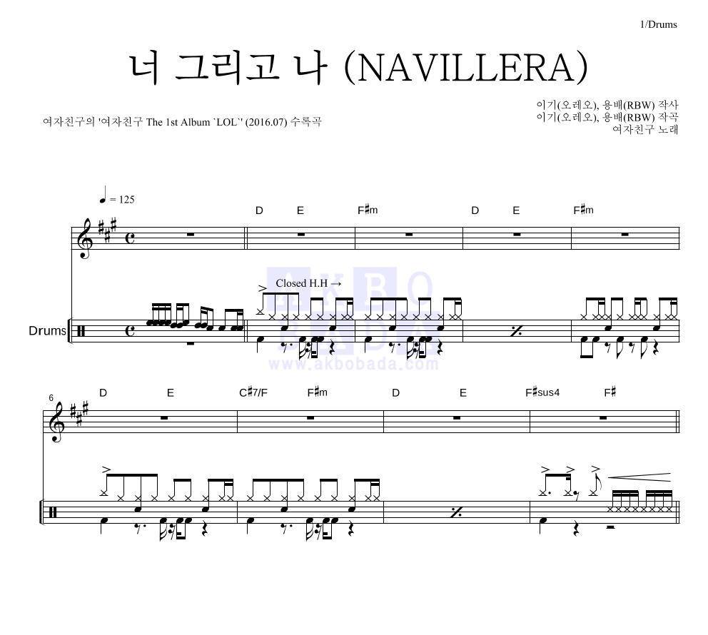 여자친구 - 너 그리고 나 (NAVILLERA) 드럼 악보 