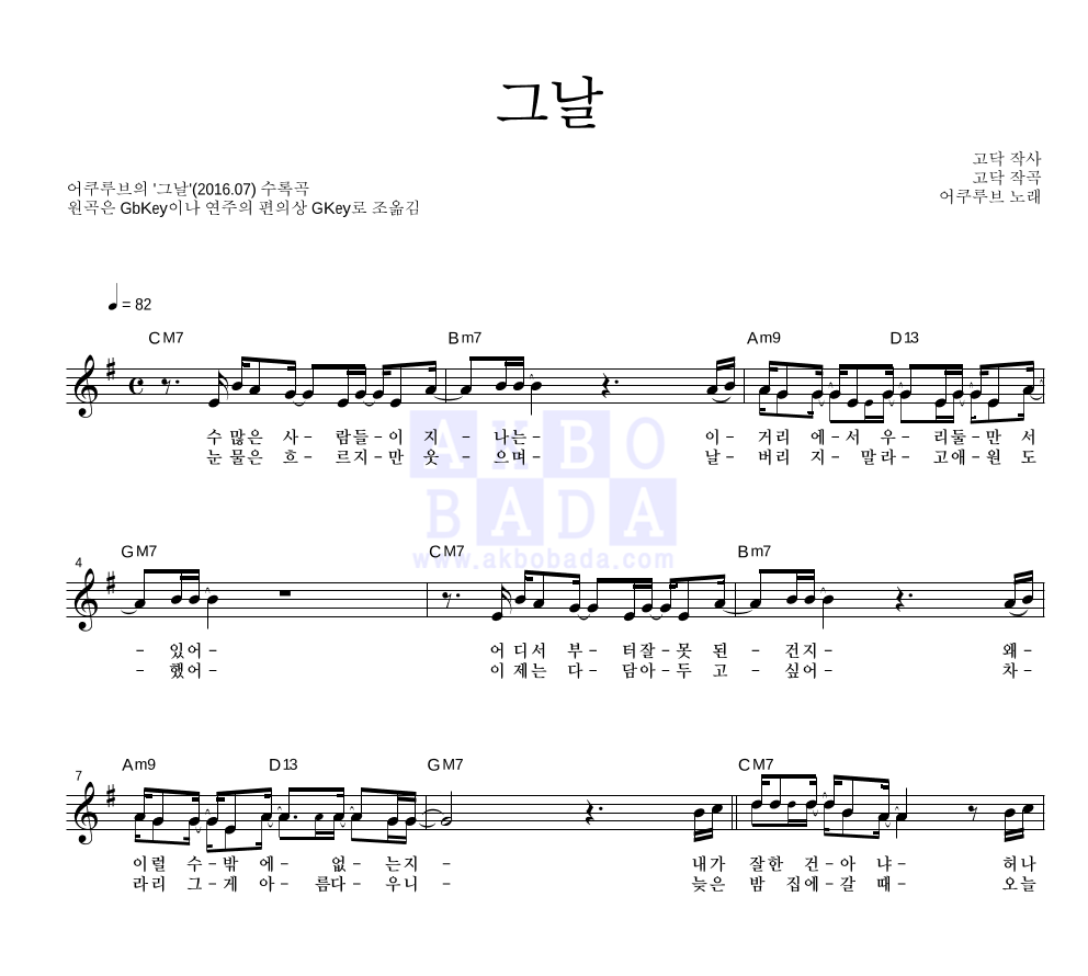 어쿠루브 - 그날 멜로디 악보 