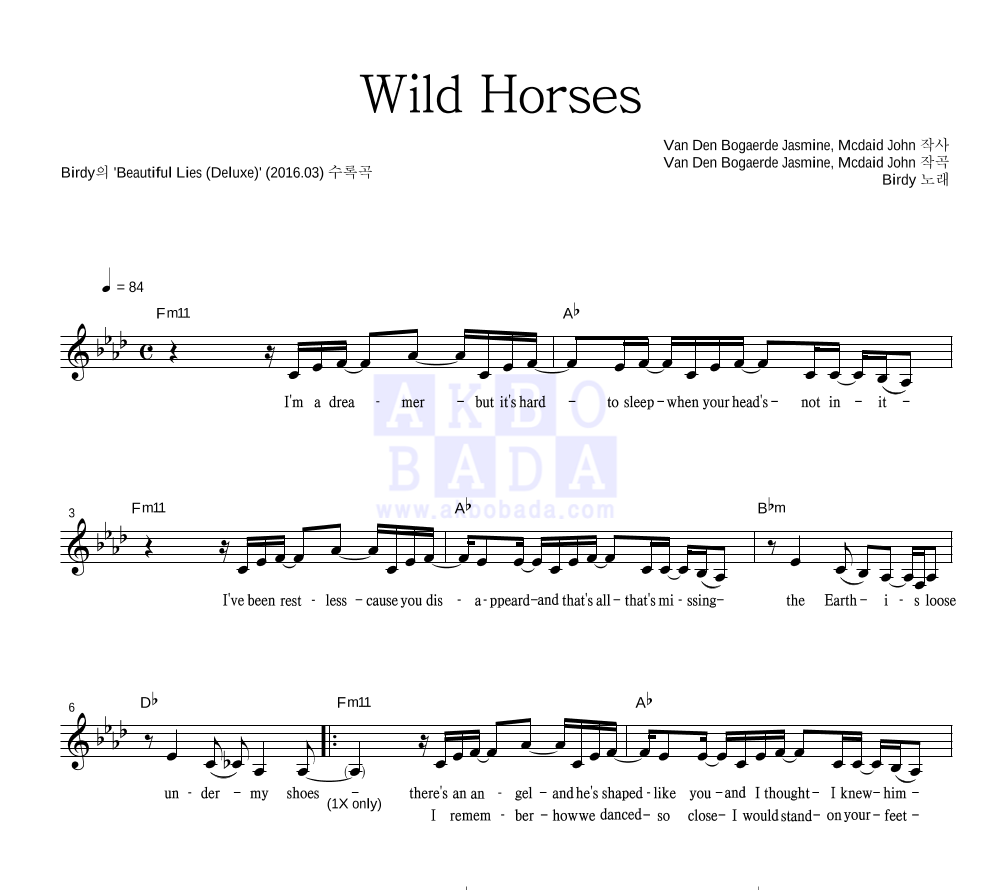 Birdy - Wild Horses 멜로디 악보 