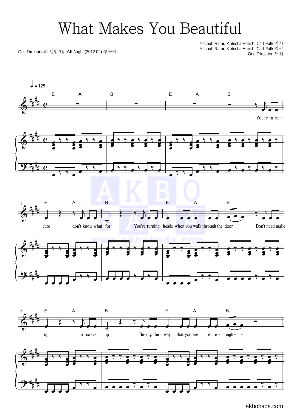 One Direction - What Makes You Beautiful 피아노 3단 악보 