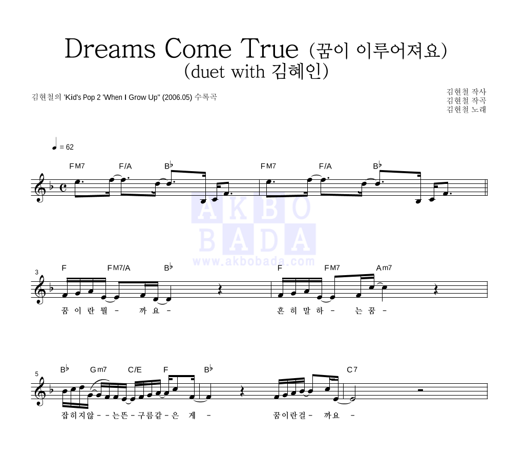 김현철 - Dreams Come True (꿈이 이루어져요) (duet with 김혜인) 멜로디 악보 