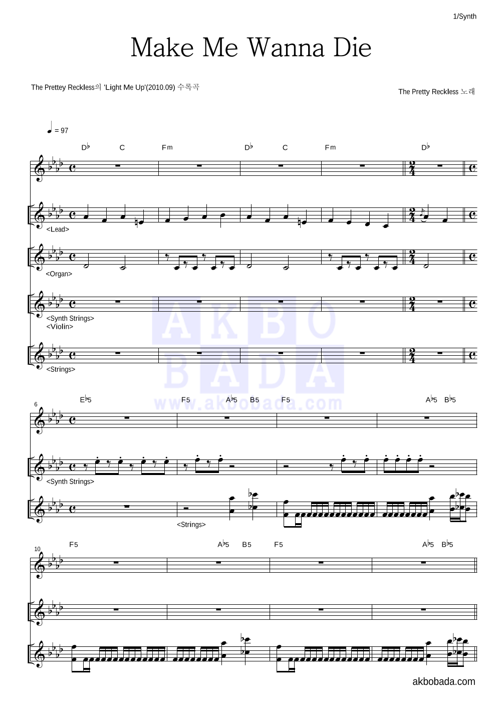The Pretty Reckless - Make Me Wanna Die 건반 악보 